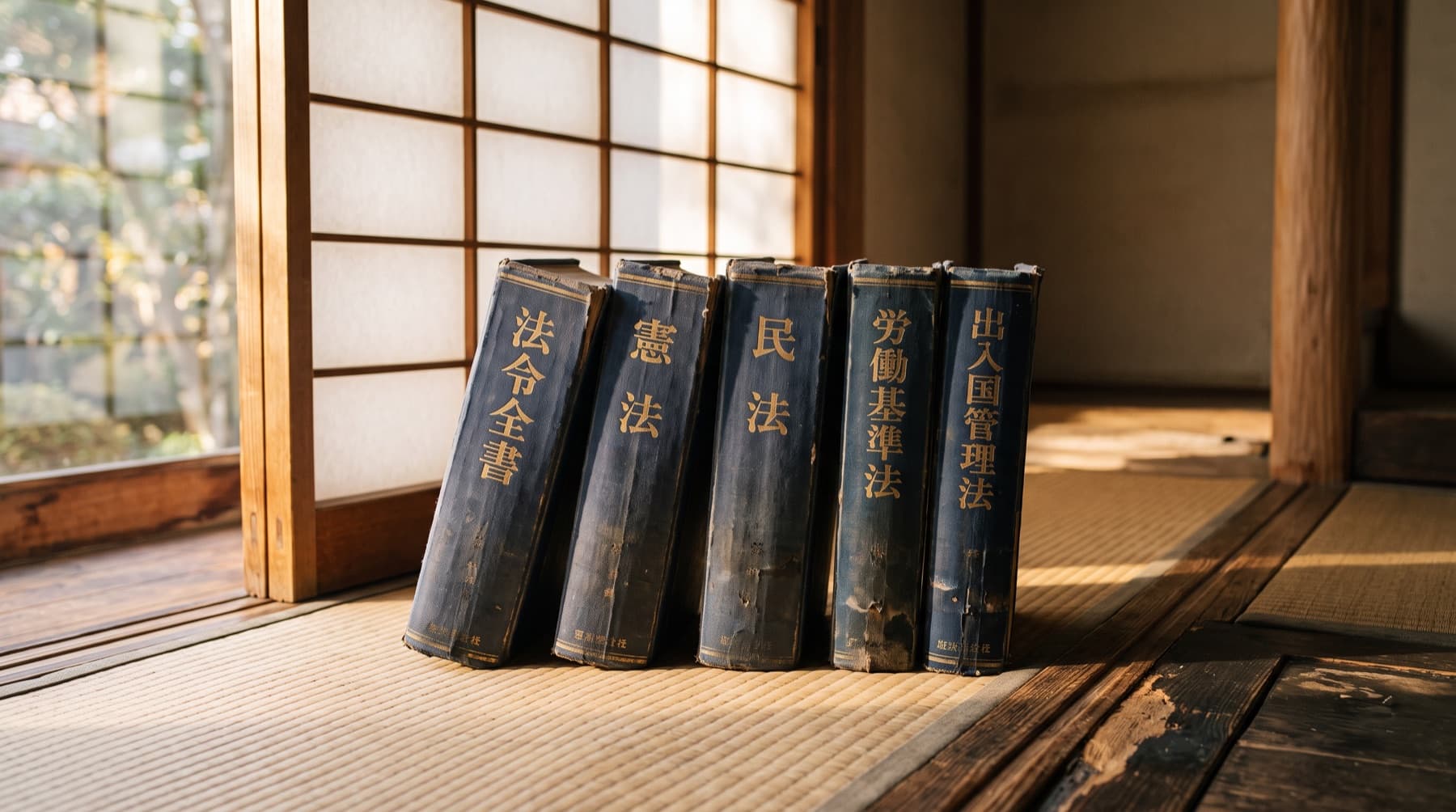 障子の光が差す畳の上に並ぶ、法令全書・憲法・民法・労働基準法・出入国管理法の古い装丁本。