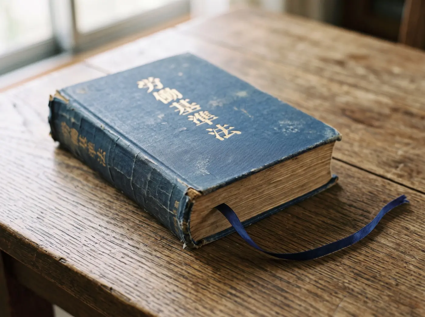 An old volume titled 労働基準法 on a wooden table, a single indigo ribbon bookmark trailing from its pages.
