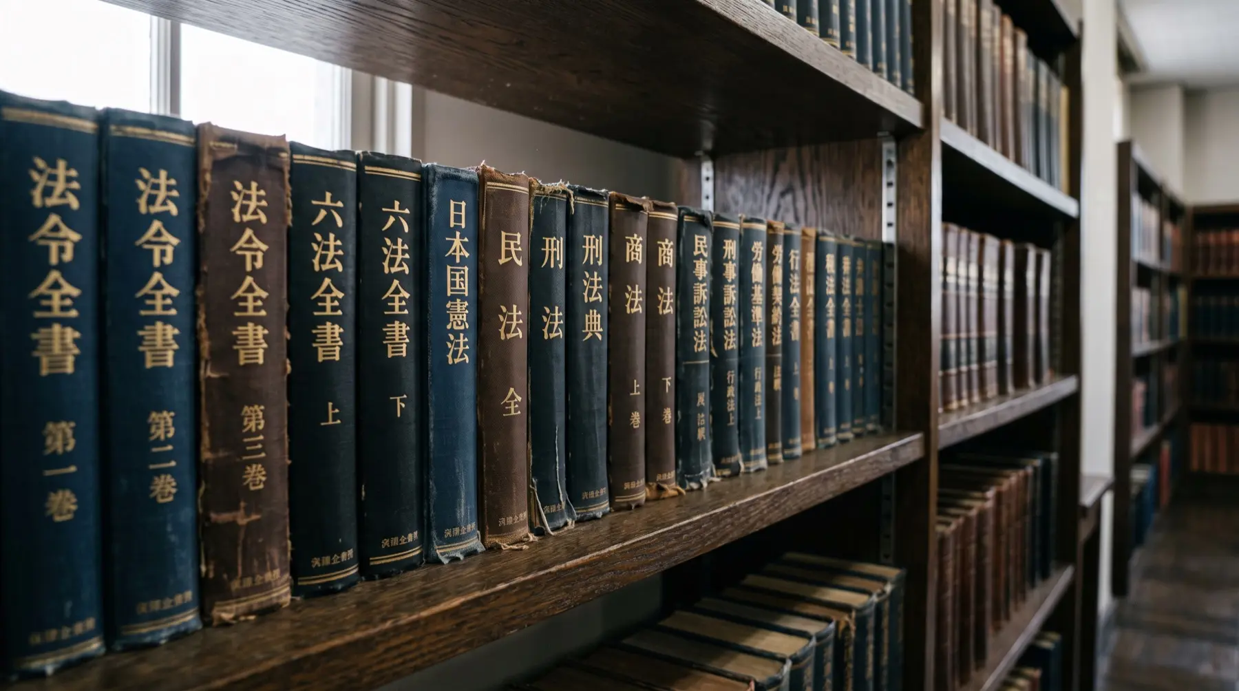 A library shelf of old law volumes: 法令全書, 六法全書, 日本国憲法, 民法 and more.